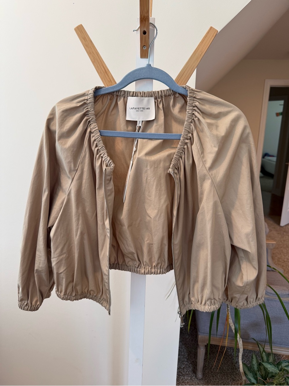 Lafayette 148 New York Cropped Drawstring Bomber Jacket in Beige